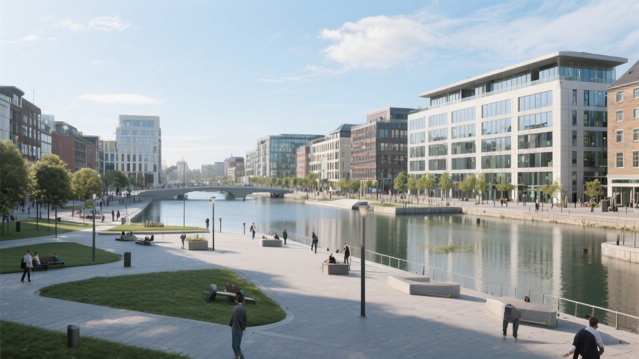 Wide view of Dublin’s Grand Canal Square with modern offices and calm public space, conveying a professional and local Irish business setting.