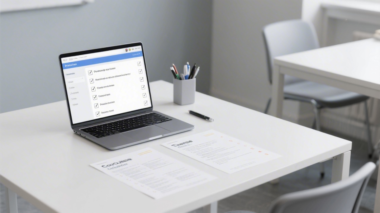 Clean training workspace with printed course outlines, a laptop displaying checklist items, and simple stationery, representing a structured and realistic learning environment.