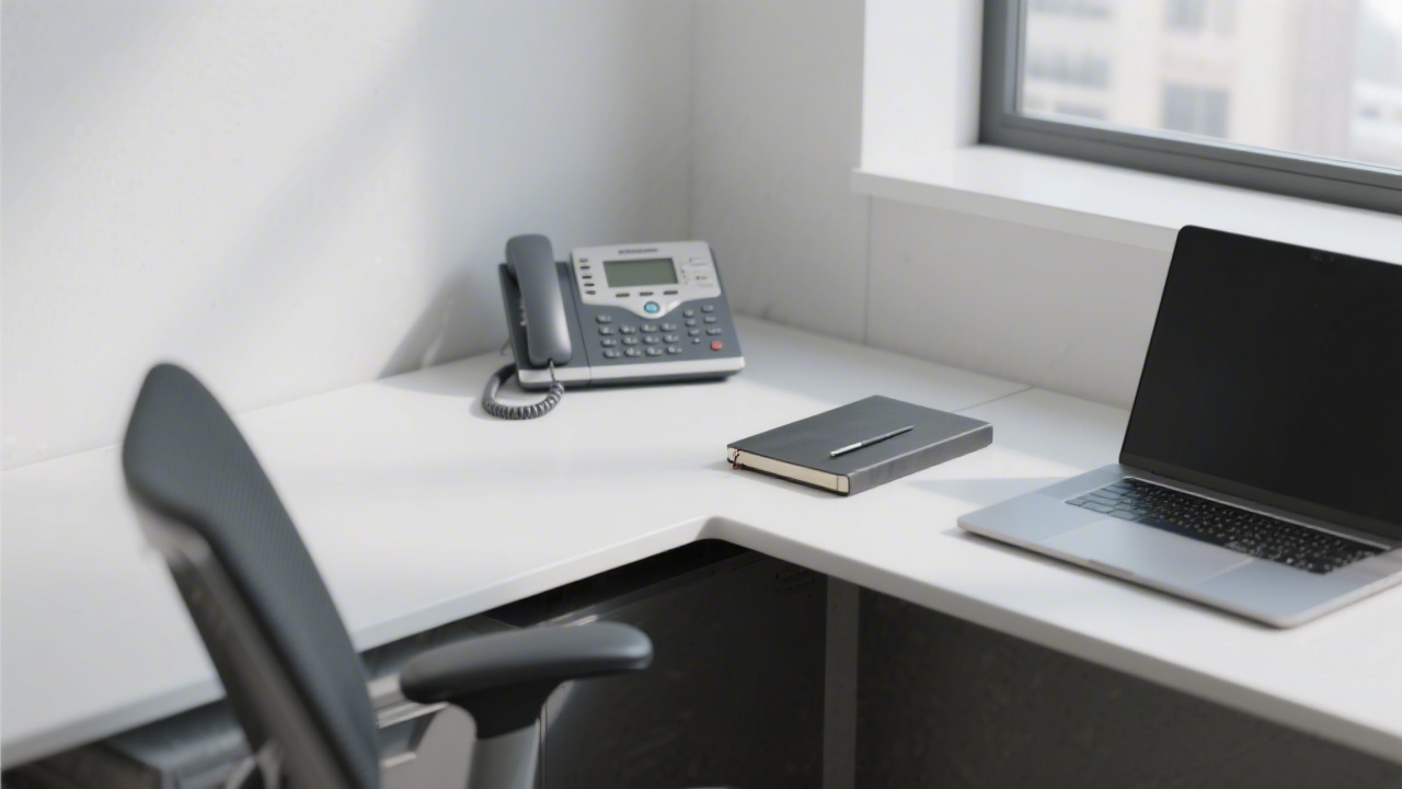 Modern office corner with desk phone, notebook, and laptop, indicating a professional contact environment suitable for business inquiries.