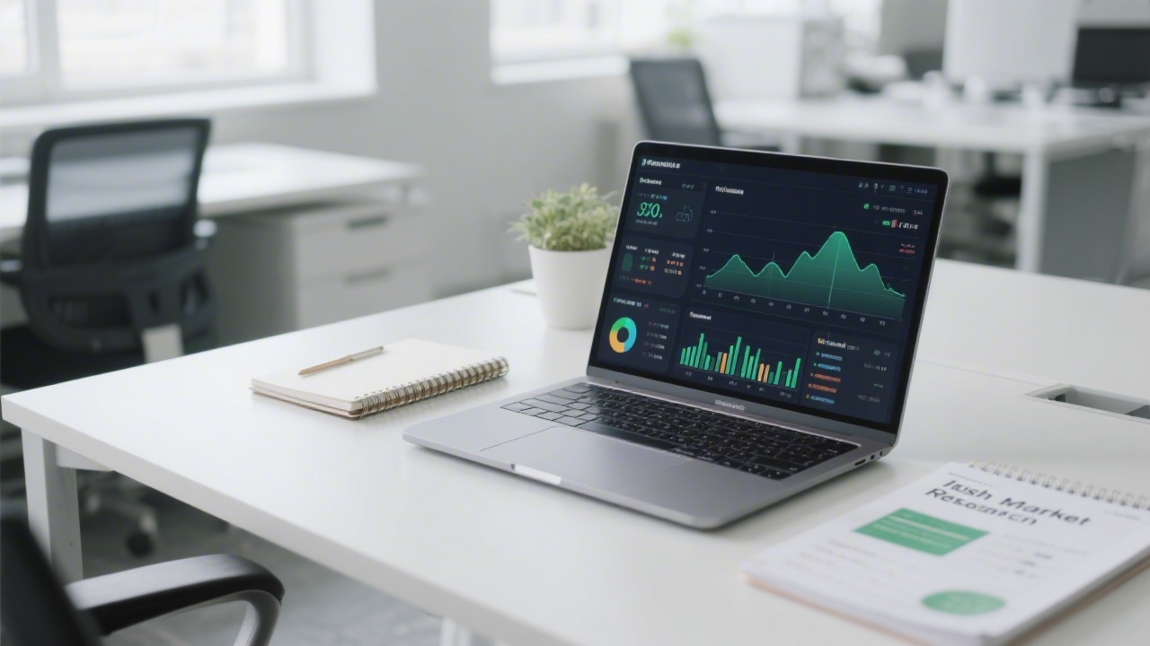 Professional workspace with laptop showing analytics dashboards, a notebook of Irish market research, and a calm office setting that signals structured affiliate learning.