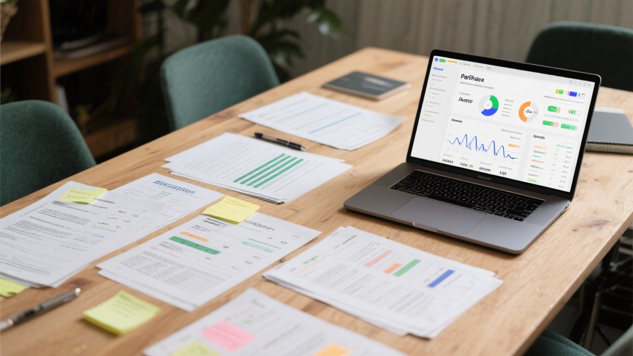 Research table with affiliate program sheets, traffic quality notes, and a laptop displaying partner dashboards, representing careful selection of Irish affiliate partnerships.
