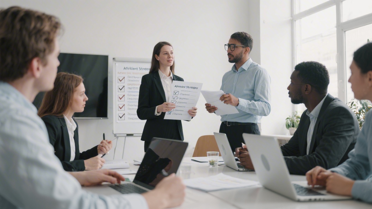 Small group of professionals in a workshop discussing affiliate strategy with printed checklists and laptops, representing collaborative learning.
