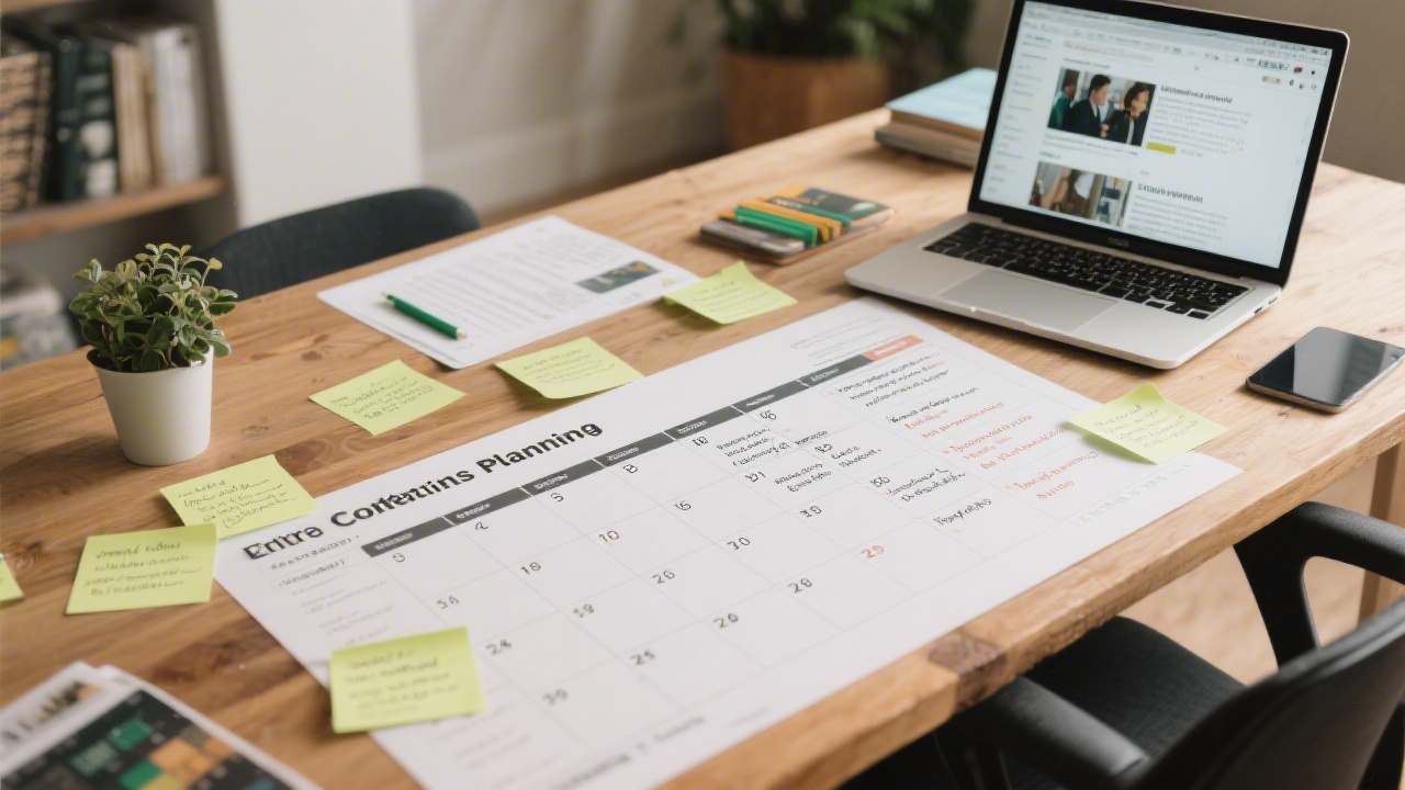 Editorial planning table with a content calendar, Irish audience notes, and a laptop showing article outlines, symbolising structured monetisation planning.