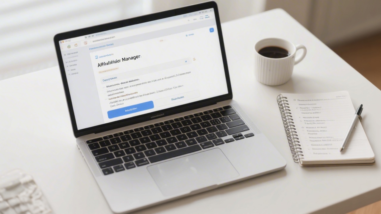 Open laptop with email draft to affiliate manager, notebook of partner criteria, and coffee cup, indicating professional outreach preparation.