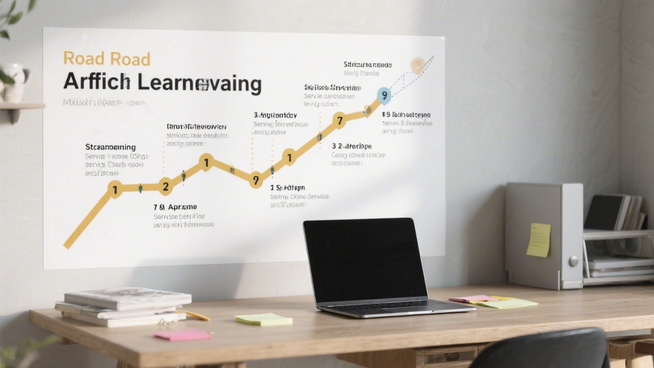 Roadmap diagram on a desk showing milestones for affiliate learning, with a laptop and notes indicating structured service delivery.